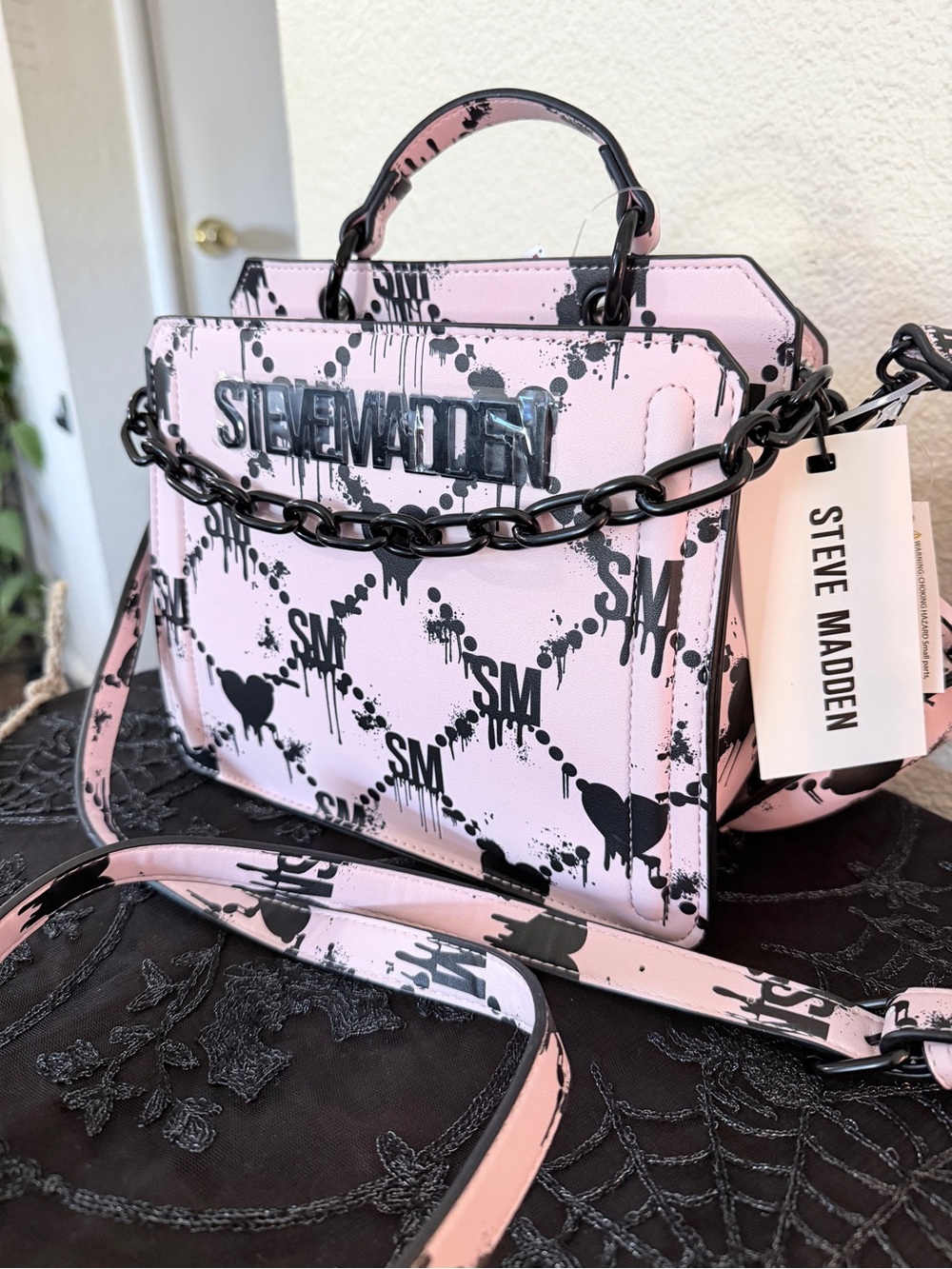 Steve Madden Pink & Black Graphic Mini Satchel